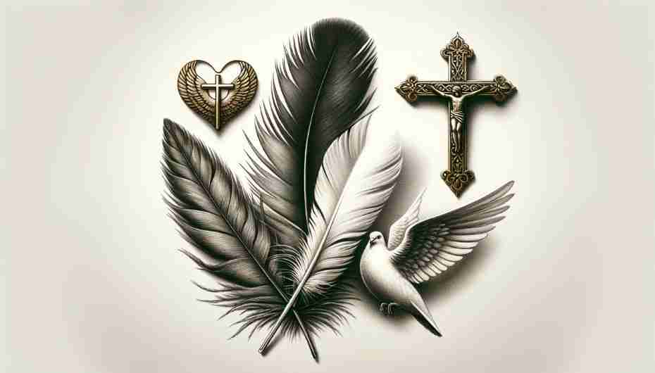 Pigeon Feathers in Christianity: A pigeon feather alongside Christian symbols, such as a dove or a cross. 