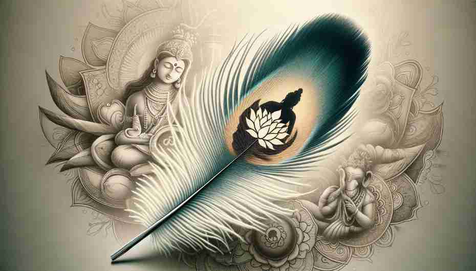 An artistic rendering of a pigeon feather with elements representing Hinduism, with the image of a lotus flower.
