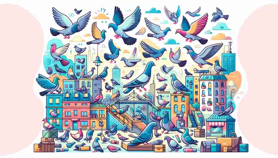 Pigeons in Urban Environments: A whimsical, cartoon-style illustration of pigeons engaging in various activities in a cityscape, rendered in bright, cheerful colors to create a light-hearted and fun vibe.