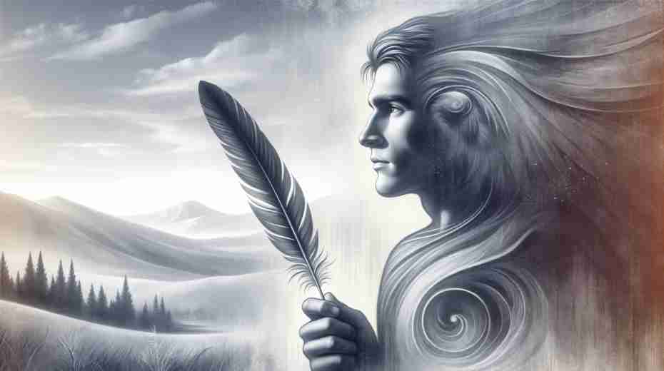 The Power of Vision and Focus in Hawk Feather Symbolism: An artistic representation of a person holding a hawk feather, looking contemplatively into the distance. The image symbolizes insight, awareness, and connection to the spiritual realm.