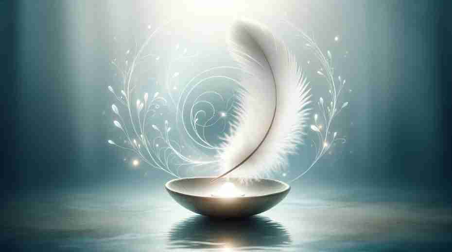 Spiritual Interpretations of Goose Feathers: A peaceful scene depicting spiritual symbols, including a white goose feather, softly glowing against a serene background. The feather is surrounded by subtle light, symbolizing spiritual guidance, harmony, and communication with the divine.