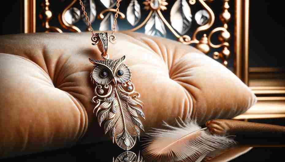 An elegant piece of jewelry featuring an owl feather design.