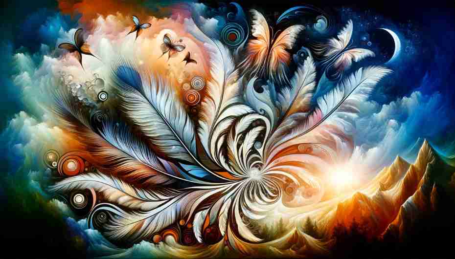 Artistic depiction of turkey feathers in symbolic art and literature, blending elements of freedom, transformation, and spirituality. 