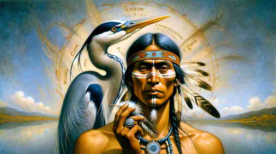Symbolism of the Heron Feather in Native American Culture: A depiction of Native American individuals, showing their deep connection with the heron as a spiritual symbol. 