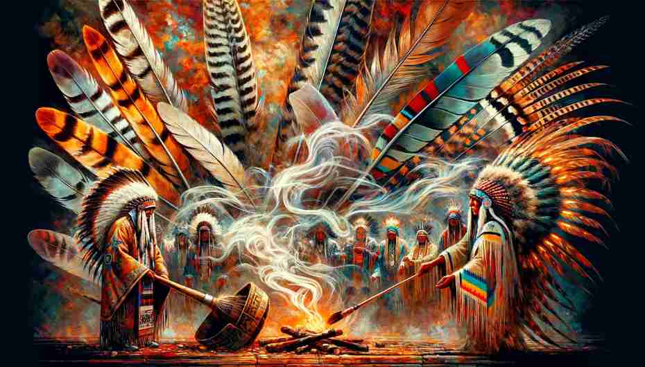 An artistic depiction of Native American ceremonies with turkey feathers, including a smudging ceremony, traditional dance, and feathered regalia. 
