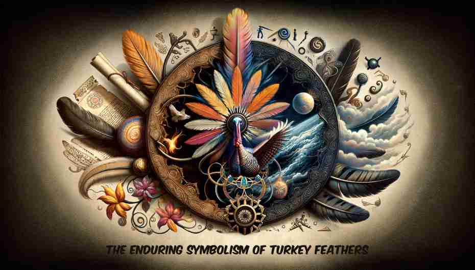 Image illustrating the enduring symbolism of turkey feathers, showing a timeless blend of cultural and spiritual elements. Include symbols like an ancient scroll, a modern painting, and a spiritual icon, all intertwined with turkey feathers.