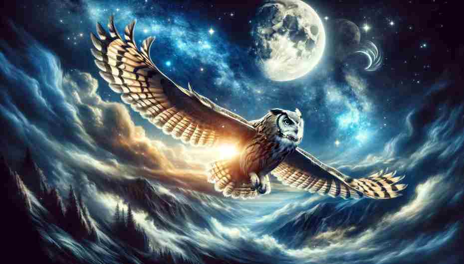 owl feather symbolism: An artistic representation of an owl in flight under a moonlit sky, conveying a sense of mystery and wisdom.