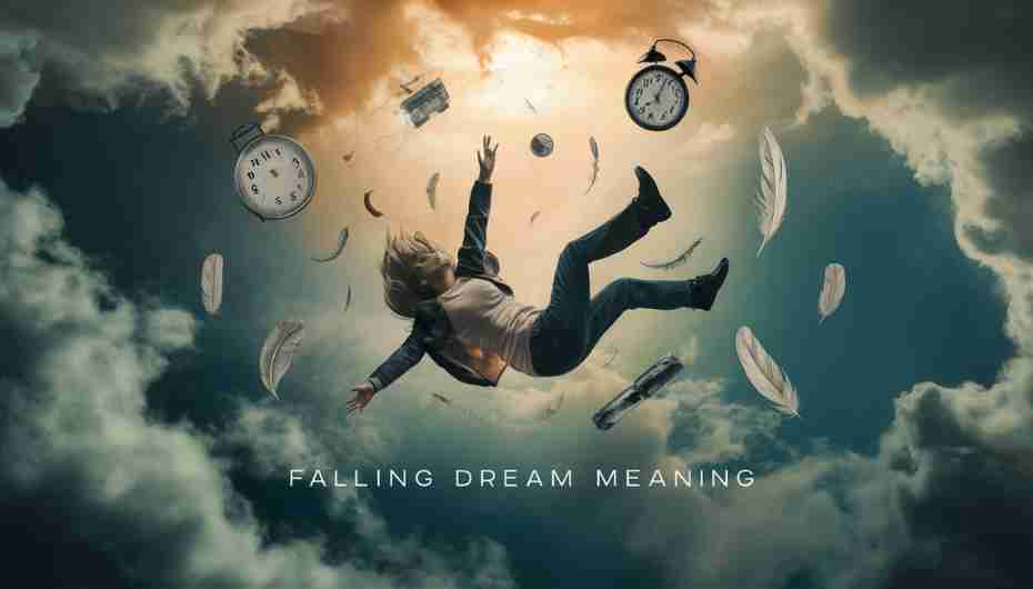Surreal illustration of a person falling through a dream sky with symbolic objects, depicting common falling dream meanings.