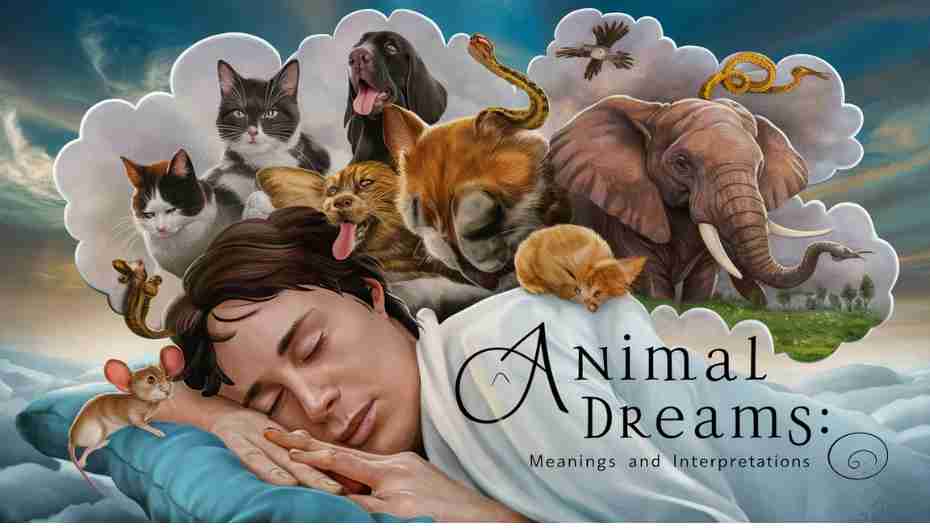 A person sleeping with thought bubbles of various animals like cats, dogs, snakes, and birds floating above their head. Animal dreams meaning and interpretation.