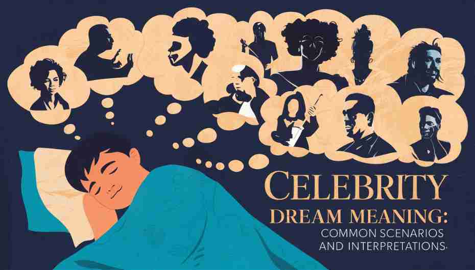Digital art of a person sleeping and dreaming, with thought bubbles showing silhouettes of various celebrities like actors, musicians, and athletes. Include the text "Celebrity Dream Meaning: Common Scenarios and Interpretations" in an elegant font within the image.