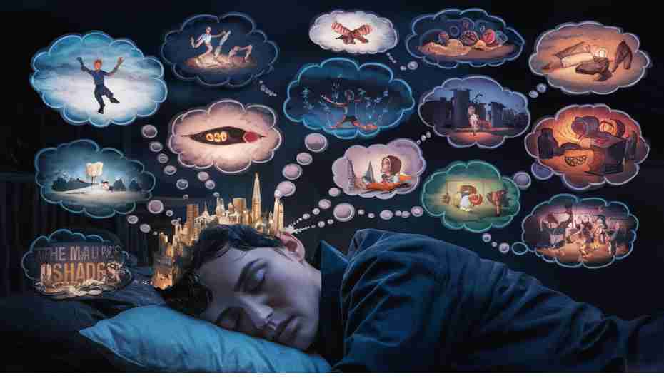 Illustration of a sleeping person with thought bubbles depicting 20 common dream themes and their symbolic meanings