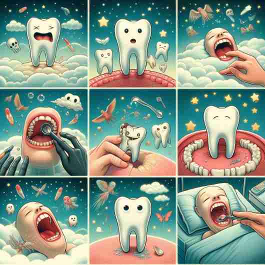 Collage of various teeth dream scenarios, illustrating common interpretations and meanings.
