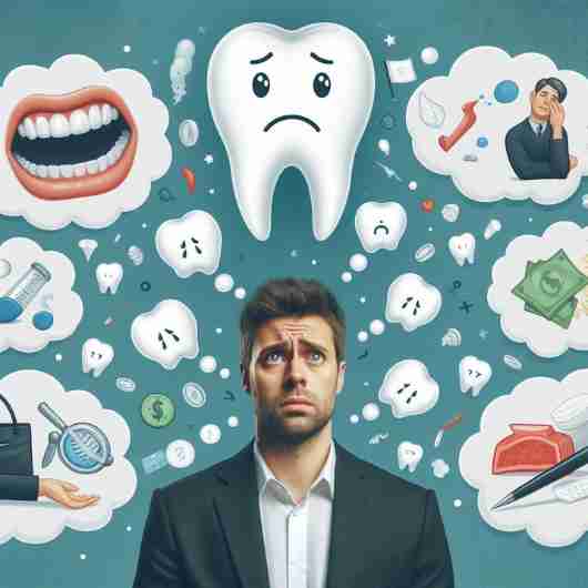 Illustration of a stressed person with floating teeth and thought bubbles, representing psychological meanings of teeth dreams.