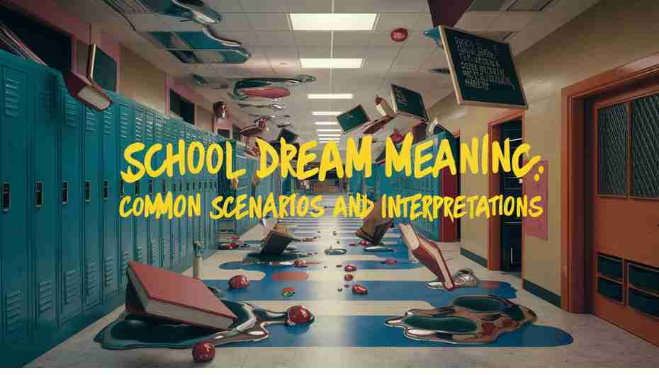 Surreal school hallway with distorted perspectives, melting elements, and floating symbolic objects like books and chalkboards. Include the text "School Dream Meaning: Common Scenarios and Interpretations"