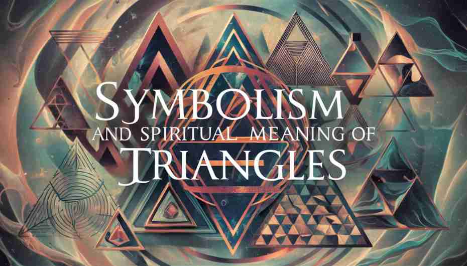 Intricate illustration featuring triangular shapes, patterns, and the text "Symbolism and Spiritual Meaning of Triangles" on a cosmic, ethereal background with sacred geometric motifs.