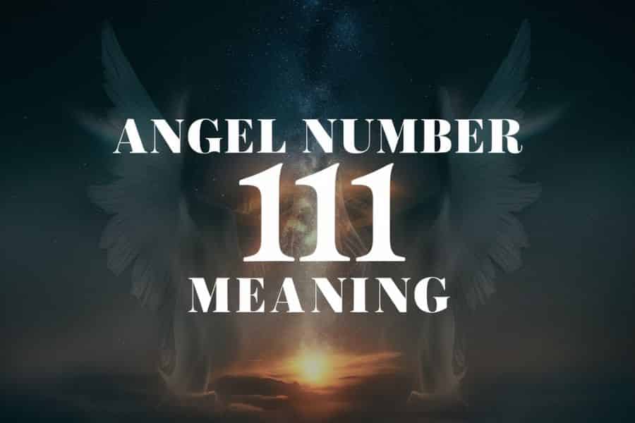 Angel Number 111 Meaning displayed on a mystical background with stars and angelic figures.