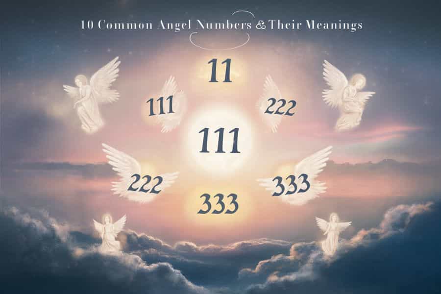 Common angel numbers and their meanings with celestial background and angelic figures