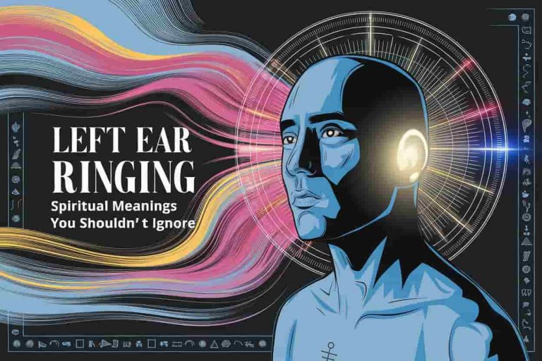 Ethereal image showing a human silhouette with a glowing left ear, surrounded by swirling energy patterns and cultural symbols, with the title "Left Ear Ringing: Spiritual Meanings You Shouldn't Ignore" prominently displayed.