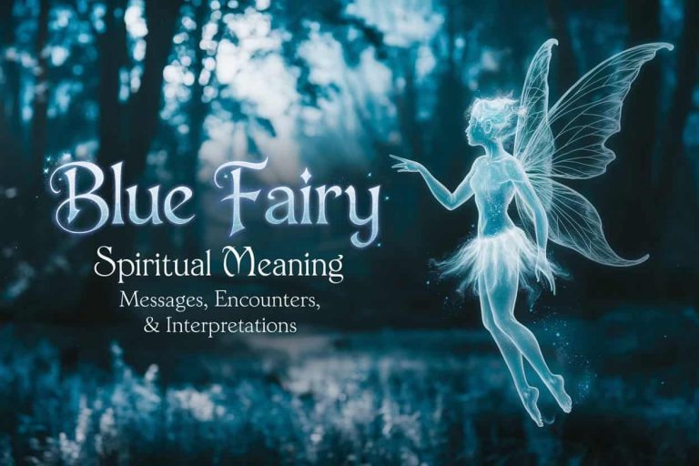 Ethereal blue fairy in a mystical forest, gesturing towards the floating title "Blue Fairy Spiritual Meaning: Messages, Encounters, & Interpretations", capturing the essence of spiritual enlightenment and mystical encounters.