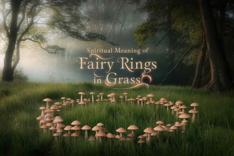 A magical forest clearing with a fairy ring of mushrooms in grass, surrounded by misty trees and ethereal light, with the article title, Spiritual Meaning of Fairy Rings in Grass, glowing above.