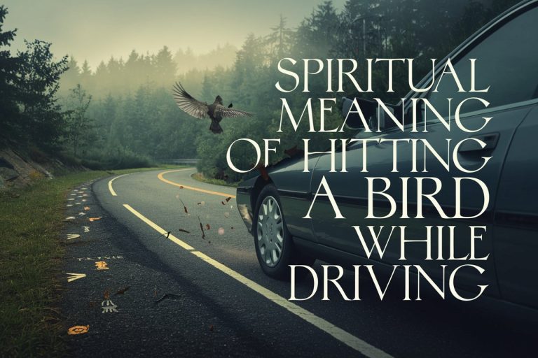 A car on a winding road with a bird silhouette against a mystical sky, showcasing the spiritual meaning of hitting a bird while driving, with the article title, Spiritual Meaning of Hitting a Bird While Driving: Messages & Meanings prominently displayed.