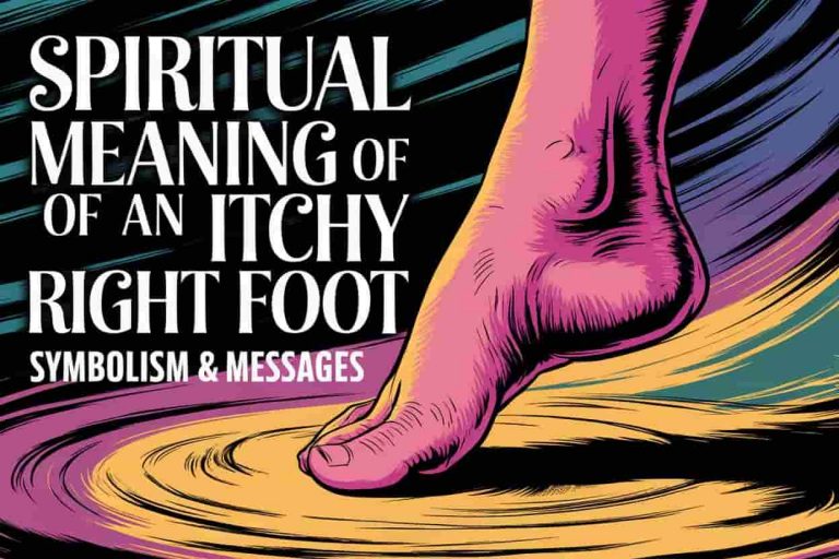 A glowing right foot on a mystical background with the title "Spiritual Meaning of an Itchy Right Foot: Symbolism & Messages" prominently displayed, illustrating the spiritual significance of foot sensations.