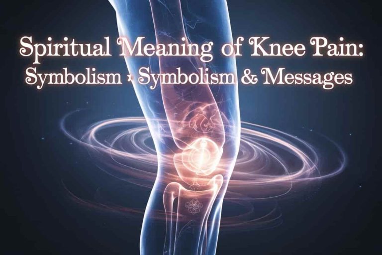 Surreal image of a glowing human knee with spiritual symbols, surrounded by swirling energy patterns, showcasing the spiritual meaning of knee pain with the article title, Spiritual Meaning of Knee Pain: Symbolism & Messages, prominently displayed.
