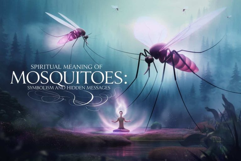 Surreal image depicting giant glowing mosquitoes in a misty forest with a person surrounded by a protective aura, illustrating the spiritual symbolism of mosquitoes.