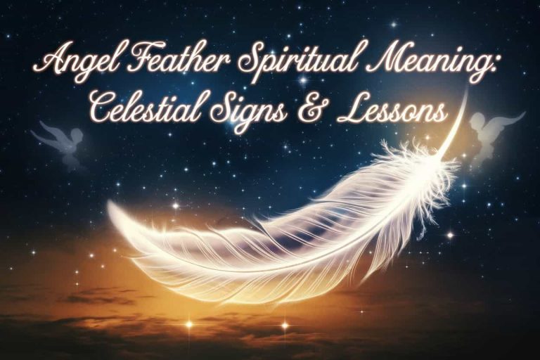 A luminous white feather floating in a starry night sky, emitting a golden glow, with faint angelic silhouettes in the background and the title "Angel Feather Spiritual Meaning: Celestial Signs & Lessons" above.