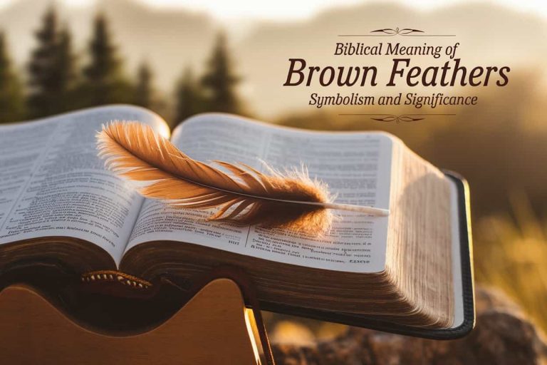 A brown feather resting on an open Bible with "Biblical Meaning of Brown Feathers: Symbolism and Significance" text, symbolizing the spiritual significance of feathers in Christianity.