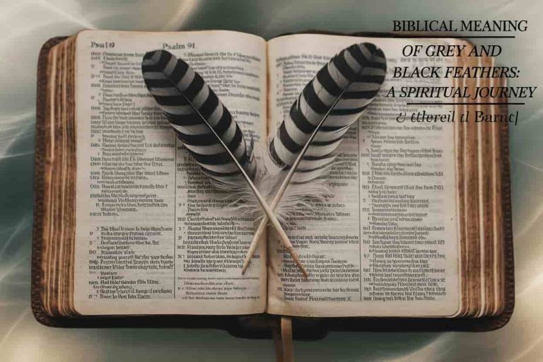 An open Bible displaying Psalm 91 with crossed grey and black feathers, symbolizing divine protection and wisdom in Christian faith. The title "Biblical Meaning of Grey and Black Feathers: A Spiritual Journey" is displayed prominently in the image.