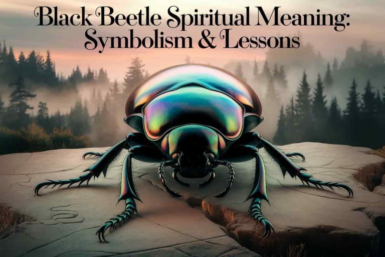 A large, detailed black beetle in the foreground, its iridescent shell reflecting subtle light. Behind it, a misty forest at dawn, symbolizing mystery and new beginnings. The beetle stands on ancient stone with faint carvings. Overlay text in an elegant, mystical font: "Black Beetle Spiritual Meaning: Symbolism & Lessons"