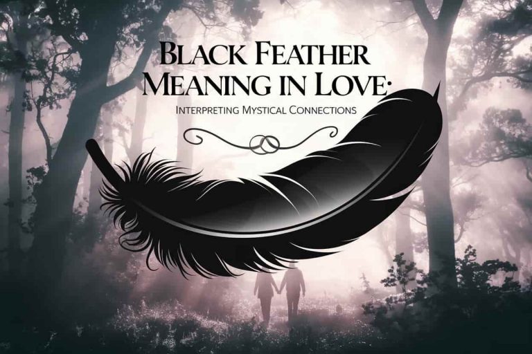 A mystical forest scene with a floating black feather, silhouettes of a couple, and the title "Black Feather Meaning in Love: Interpreting Mystical Connections", representing spiritual love symbolism.