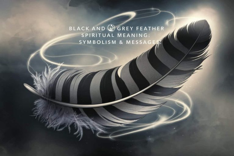 A detailed black and grey feather floating in a misty, ethereal background with swirling energy patterns, representing the spiritual meaning of black and grey feathers. The words "Black and Grey Feather Spiritual Meaning: Symbolism & Messages" appear in the mist.