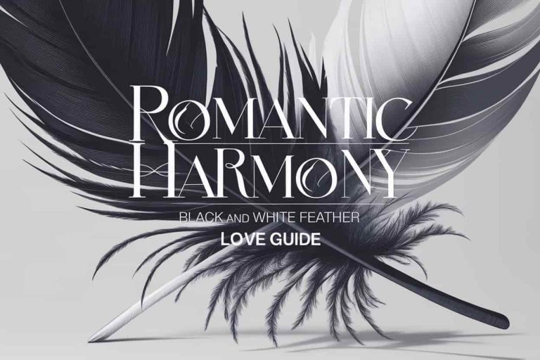 Close-up of intertwined black and white feathers symbolizing balance in love, with the title "Romantic Harmony: Black and White Feather Love Guide" displayed prominently.