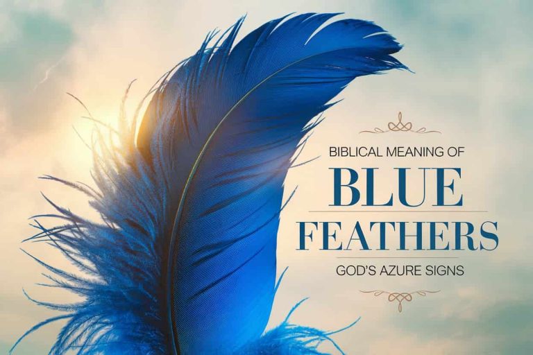 A luminous blue feather against a cloudy sky, symbolizing divine presence, with the title "Biblical Meaning of Blue Feathers: God's Azure Signs" displayed prominently.