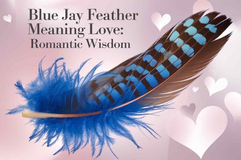 A vivid blue jay feather centered on a romantic background with subtle heart shapes, titled "Blue Jay Feather Meaning Love: Romantic Wisdom " in elegant font.