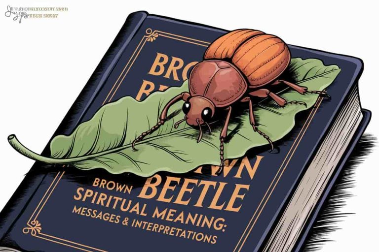 detailed illustration of a brown beetle on a leaf, symbolizing transformation, grounding, and resilience, with the title 'Brown Beetle Spiritual Meaning: Messages & Interpretations' displayed in bold, golden font.