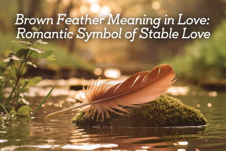 A serene forest scene with a large brown feather on a mossy rock by a gentle stream, symbolizing love's grounding messages in nature, with the title "Brown Feather Meaning in Love: Romantic Symbol of Stable Love" displayed.