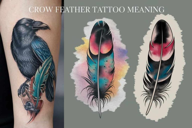 A collection of diverse crow feather tattoo designs including realistic, watercolor, and stylized styles against a subtle background, showcasing their meanings, showing the title "Crow Feather Tattoo Meaning" prominently in the image.
