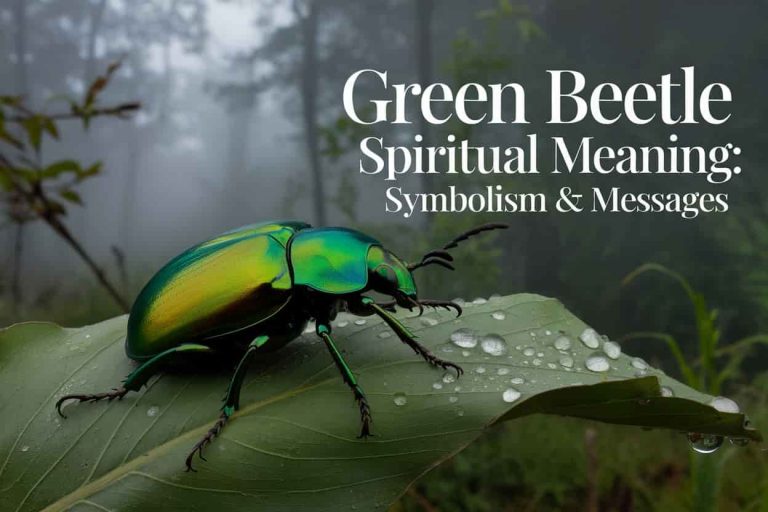 A large, vibrant green beetle perched on a leaf, with dewdrops reflecting light. The beetle's iridescent shell shimmers with various shades of green. In the background, a misty forest scene suggests mystery and spiritual significance. The title "Green Beetle Spiritual Meaning: Symbolism & Messages" is prominently displayed across the image in an elegant, nature-inspired font.