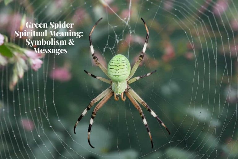 A vivid green spider on a dew-covered web, symbolizing the spiritual meanings of green spiders, with the article title, Green Spider Spiritual Meaning: Symbolism & Messages, overlaid on a natural background.