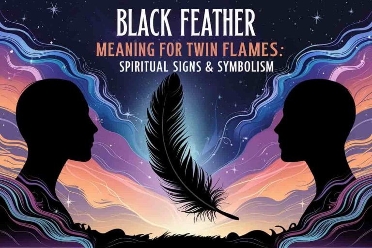 Mystical image depicting two silhouettes facing each other with a luminous black feather between them, representing the spiritual connection in twin flame relationships. The title "Black Feather Meaning for Twin Flames: Spiritual Signs & Symbolism" is prominently displayed in the image.