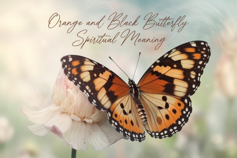 Large orange and black butterfly on a flower with ethereal background, symbolizing spiritual meaning of transformation and balance.