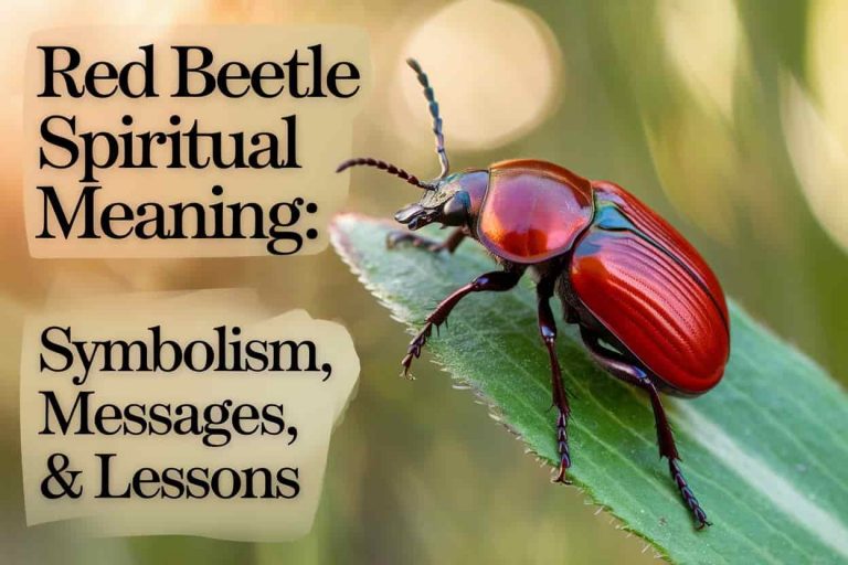 A detailed close-up of a vibrant red beetle on a green leaf, symbolizing the spiritual meaning of red beetles as nature's messengers, with the article title Red Beetle Spiritual Meaning: Symbolism, Messages, & Lessons overlaid.