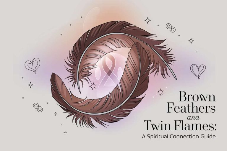 Two intertwined brown feathers symbolizing twin flame connection, surrounded by ethereal glow and spiritual symbols, with text "Brown Feathers and Twin Flames: A Spiritual Connection Guide".