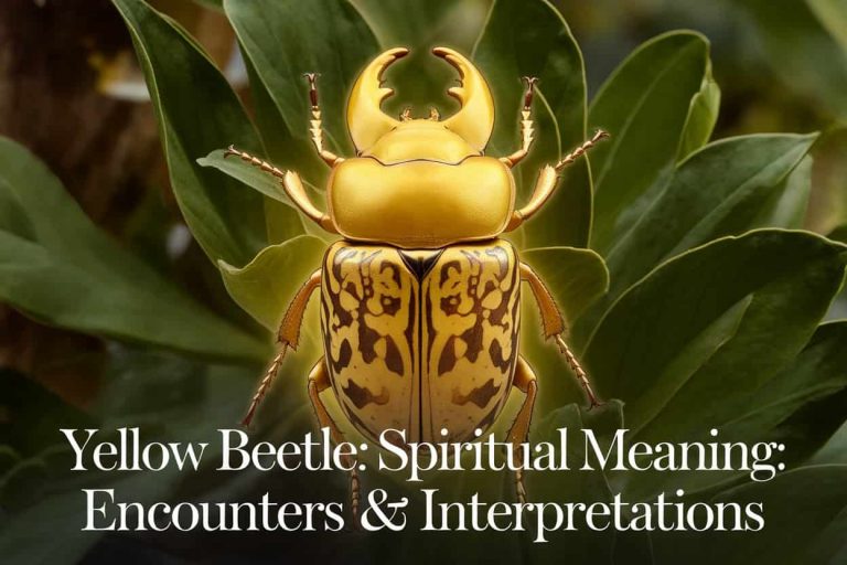 A luminous yellow beetle with golden patterns on its shell, surrounded by green leaves, representing the spiritual significance of yellow beetles in nature. The title "Yellow Beetle Spiritual Meaning: Encounters & Interpretations" in an elegant, clear font.