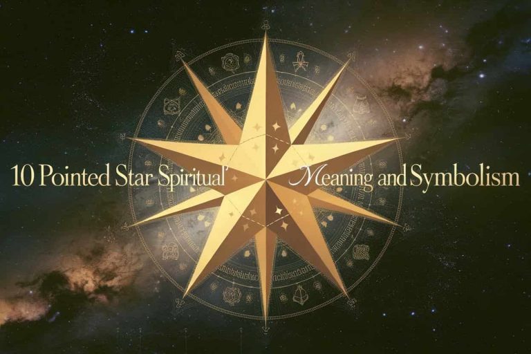 A golden 10 pointed star with intricate details floating in a cosmic background, surrounded by subtle spiritual symbols, with the title "10 Pointed Star Spiritual Meaning and Symbolism" displayed prominently.
