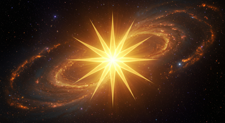 A radiant 12 pointed star shines against a cosmic background, illustrating the star's spiritual significance and cosmic connections.