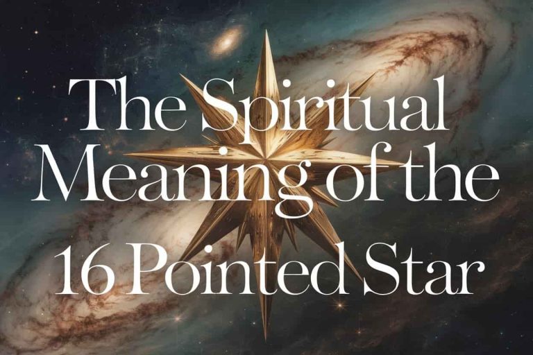 A golden 16-pointed star shimmering against a cosmic background with the title "The Spiritual Meaning of the 16 Pointed Star" overlaid, symbolizing celestial wisdom and spiritual significance.